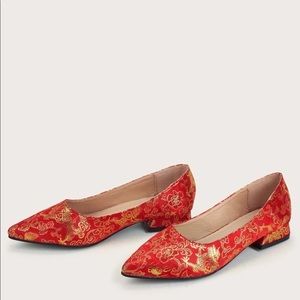 Red floral graphic satin flats